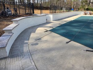 Herringbone Patio Brick Retaining Wall Travertine Coping Stairs Apex 3
