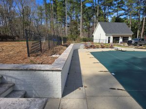 Herringbone Patio Brick Retaining Wall Travertine Coping Stairs Apex 4