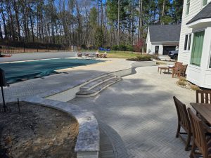 Herringbone Patio Brick Retaining Wall Travertine Coping Stairs Planting Apex