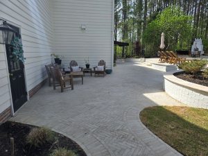 Herringbone Patio Brick Retaining Wall Travertine Coping Stairs Planting Apex 7
